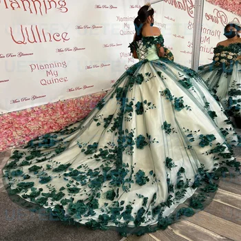 2023 Žalia Kamuolys Suknelė Quinceanera Suknelės 3D Gėlės, Karoliukai Nėrinių Aplikacijos Saldus 15 16 Suknelė Šalis Nešioti Xv Años