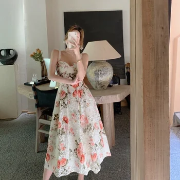 Korejepo Moterų Suknelė 2021 M. Vasarą Prancūzijos Ponios Elegantiškas Retro Temperamentas Palace Stiliaus Gėlių Spausdinti Suspender Mados Princesė