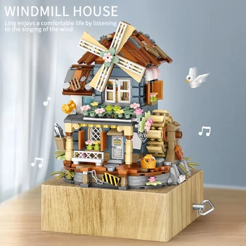 799pcs Miestas Mini Music Box vėjo malūnas Namų Statyba Blokai Draugais žemės ūkio Naudmenų Gėlių Architektūros Duomenys Plytų Žaislai Vaikams Dovanų