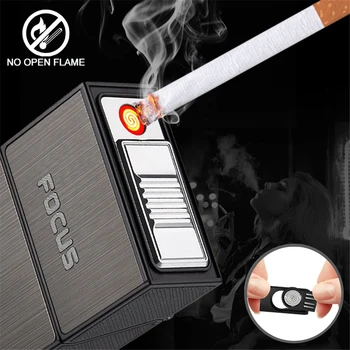 Cigarečių Atveju Su USB Įkrovimo Lengvesni Vėjo Cigarečių Degiklio Paspaudę 20pcs Cigarečių, Cigarų Tabako Turėtojas Lauke Vyrų Dovana