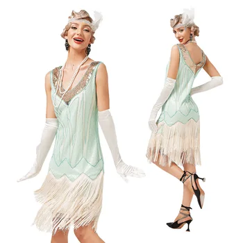 Derliaus 1920 Flapper V-kaklo Dvigubo Kutas Suknelė Great Gatsby Cosplay Kostiumų Kokteilis Charleston Šokių China Stud Suknelė