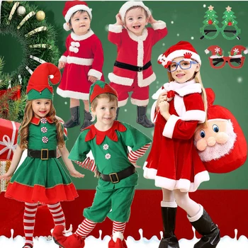Vaikai Kalėdų Cosplay Kostiumų Santa Claus Kūdikių Apranga, Suknelė/Kelnės+Viršūnes+Hat+Apsiaustu+Diržas Berniukams, Mergaitėms, Vaikams Kostiumas