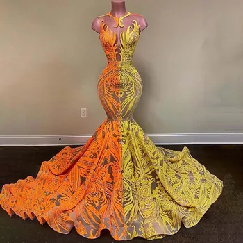 Custom Oranžinės ir Geltonos China Undinė Prom Dresses 2022 Black Merginos Oficialaus Ilgai Vakare Gala Suknelė