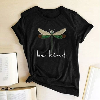 Būti Natūra Dragonfly Spausdinti Moterų Tshirts O Kaklo trumpomis Rankovėmis Laišką Atsitiktinis Palaidų Tee Femme T-shirts Viršuje Mujer Drabužius Moteris