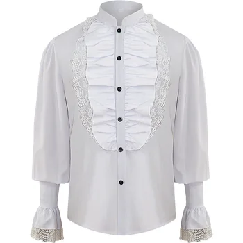 2023 Viduramžių Žmogaus viktorijos Vintage Marškinėliai Steampunk Balta Juoda Palace Mygtukai Modelio Dizainas, Long Sleeve Top Atvartas Marškinėliai