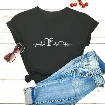 Širdies Ritmo Knygą Modelis Atspausdintas Tshirts Moterų Atsitiktinis Moterų Trumpomis Rankovėmis Hipster Grafinis Marškinėliai Balti Laisvalaikio Viršūnes Camisas Mujer