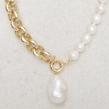 Asimetrinis dizainas trumpą karoliai, aukso spalvos grandinės gamtos perlas kūrybos susiuvimo karoliai 2020 moterų mados juvelyriniai dirbiniai dovanos 3
