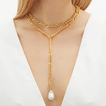 Asimetrinis dizainas trumpą karoliai, aukso spalvos grandinės gamtos perlas kūrybos susiuvimo karoliai 2020 moterų mados juvelyriniai dirbiniai dovanos 4