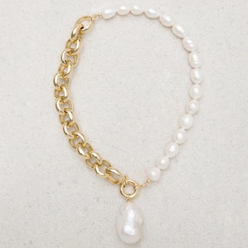 Asimetrinis dizainas trumpą karoliai, aukso spalvos grandinės gamtos perlas kūrybos susiuvimo karoliai 2020 moterų mados juvelyriniai dirbiniai dovanos 5