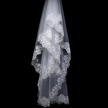 150cm Moterų Nuotakos Trumpas Vestuvių Šydas, Baltos spalvos Vieną Sluoksnį Gėlių Nėrinių Krašto Appliques vestuvių aksesuarai moterims nuotaka