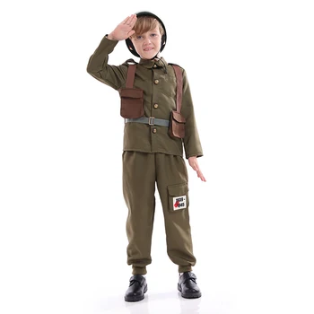 Armijos Kareivis Kostiumas Vaikų Berniukų Unisex Helovyno Cosplay Suknelė Kariuomenės Karinių Kostiumas antrojo pasaulinio KARO Karinės Uniformos Kostiumas Su Skrybėlę Chaki