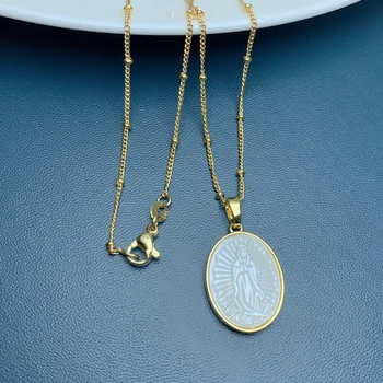 Ovalo formos Our Lady of Guadalupe Karoliai Moterų Religijų Gamtos Motina Pearl Shell Šventosios Mergelės Pakabukas Pakabukai Choker Papuošalai