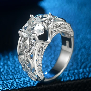 Mados Prabangių Širdies Zirconia Engagement Ring Moterys Sidabro Spalvos Mėlyna Kristalų Romantiška Vestuvių Žiedai, Papuošalai Dovanų Šalis 1