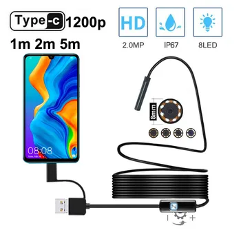 HD 1200P USB C Endoskopą Pusiau Standus Kabelis atsparus Vandeniui 8mm Reguliuojamas Objektyvas 8 Led Šviesos Endoskopą Kamera, Skirta 