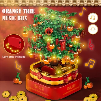 Blokuoti Idėja Kinų Naujieji Metai Apelsinų Medis Blokai Su Šviesos Kūrybos Kalėdų Eglutė Modle Plytų Music Box Žaislai