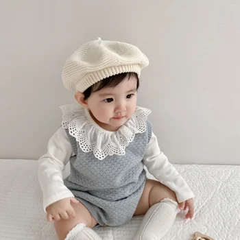 2022 m. pavasario drabužių kūdikiams, kūdikių apvalios kaklo megztinis vientisų spalvų medvilnės siūlų megzti romper Kailis-dviejų dalių kostiumėlį mergina drabužiai