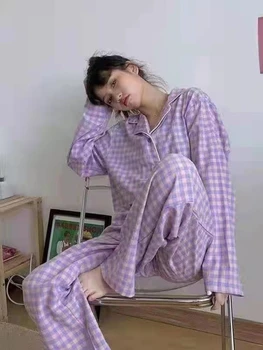 Korėjos Moteris Atsitiktinis Pižama Nustatyti Laisvas Pledas Juostelės Marškinėliai Pižama Kelnės Kostiumas Mielas Moteris Tingus Namuose Kasdien Pajama Rinkinys