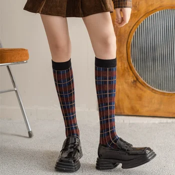 Korėjos Mados Moterų Ilgos Kojinės Kojinės Kolegija Stiliaus Pledas Kelio Aukštos Kojinės Harajuku Retro Vintage Streetwear Kojinės Kojinės