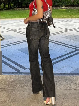 Vintage Džinsai Moteris Mažai Waisted Kišenės Baggy Kelnės Atsitiktinis Džinsai Y2k Krovinių Kelnės Tiesios korėjos Užsiliepsnojo Džinsai 90s Streetwear 0