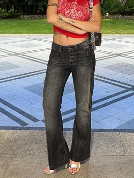 Vintage Džinsai Moteris Mažai Waisted Kišenės Baggy Kelnės Atsitiktinis Džinsai Y2k Krovinių Kelnės Tiesios korėjos Užsiliepsnojo Džinsai 90s Streetwear 5